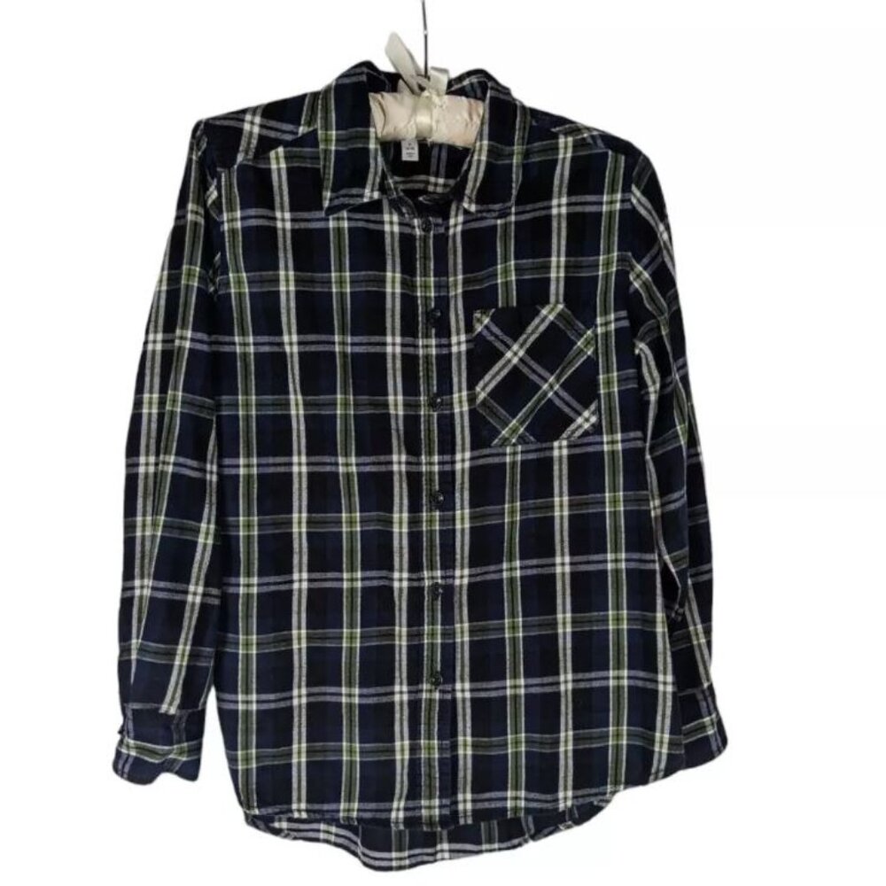 Time & Tru Sz S Button Down Blue Green Plaid Cotton Long Sleeve Button Down
